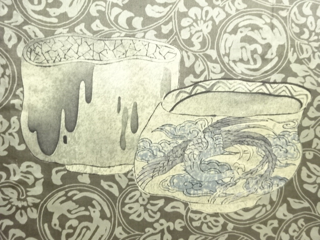 アンティーク　陶器模様肩裏本場泥大島紬男物羽織